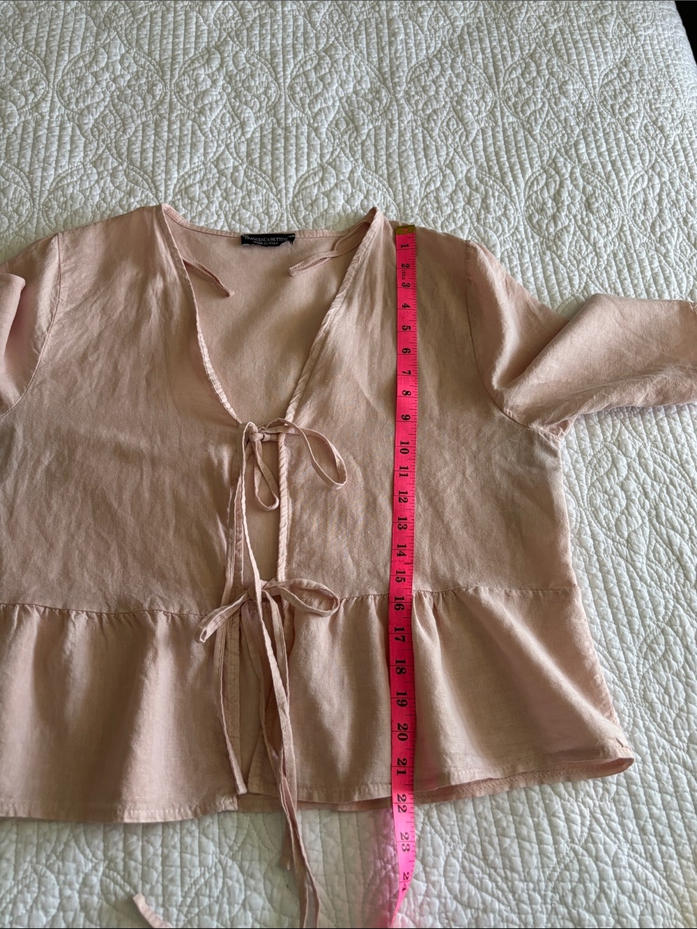 Francesca Bettini Pale Blush Tie-Front Peplum Blouse Linen Blend Italy Size L - Picture 7 of 11